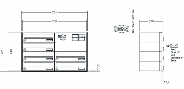 RENZ Briefkastenanlage Unterputz, Schattenfugenrahmen, Kastenformat 370x110x270mm, mit Klingel - & Lichttaster und Vorbereitung Gegensprechanlage, 6-teilig,